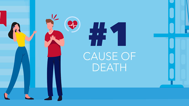 a vector illustration of a man clutching his chest and a woman on a cell phone, text reads "#1 cause of death" 