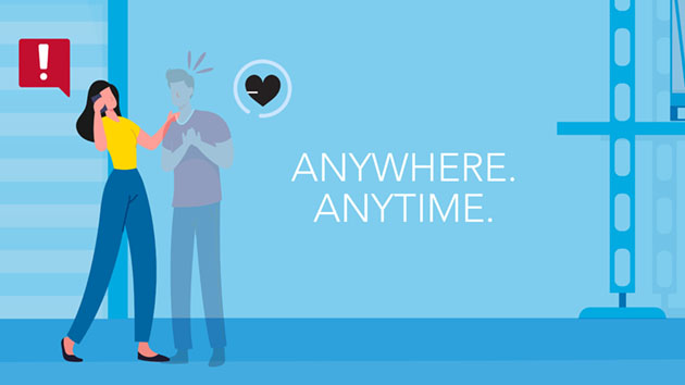 A vector illustration of man fading in transparency next to a woman on the phone. Text reads "anywhere. anytime." 